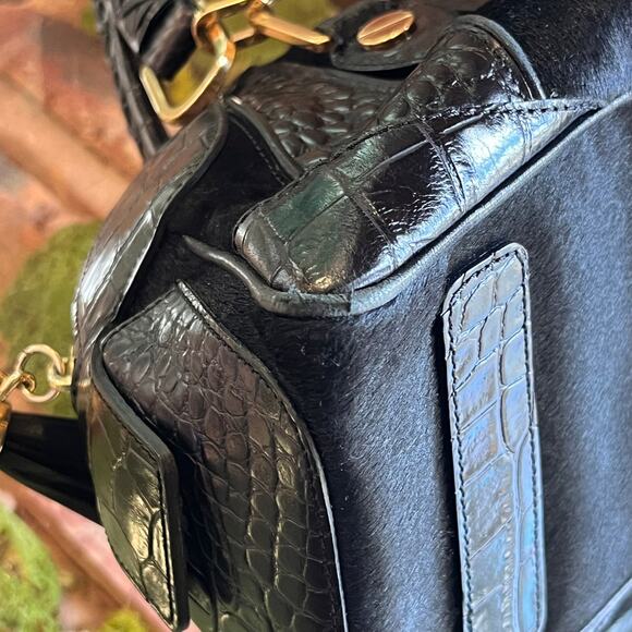 VERSACE Black Pony Hair Croc Embossed Suede Leather Dome Satchel - Picture 9 of 11